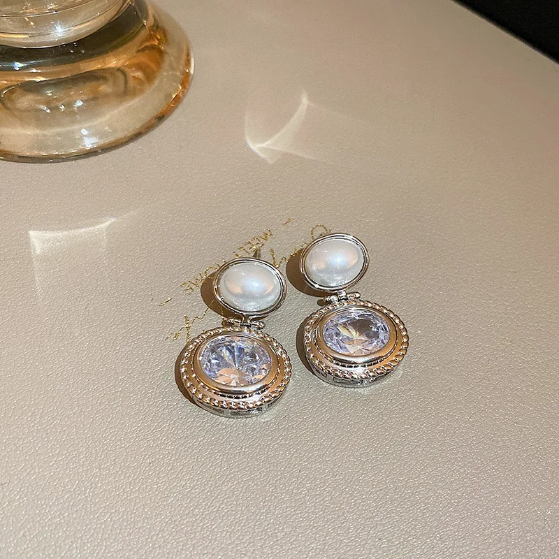 S3437 Geometric Ellipse Faux Pearl Zircon Shinning Dangle Earrings For Women S925 Silver Needle Stud Earrings