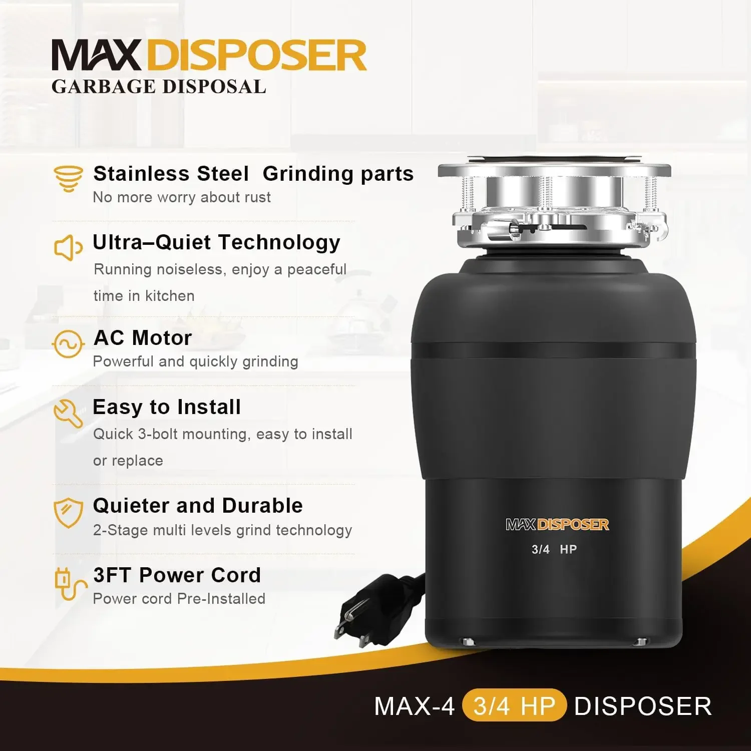 Disposal 3/4 HP for Kitchen sink Quiet with Stopper Power Cord, Easy install, Continuous Feed Food Waste Disposer Stainless Stee 2