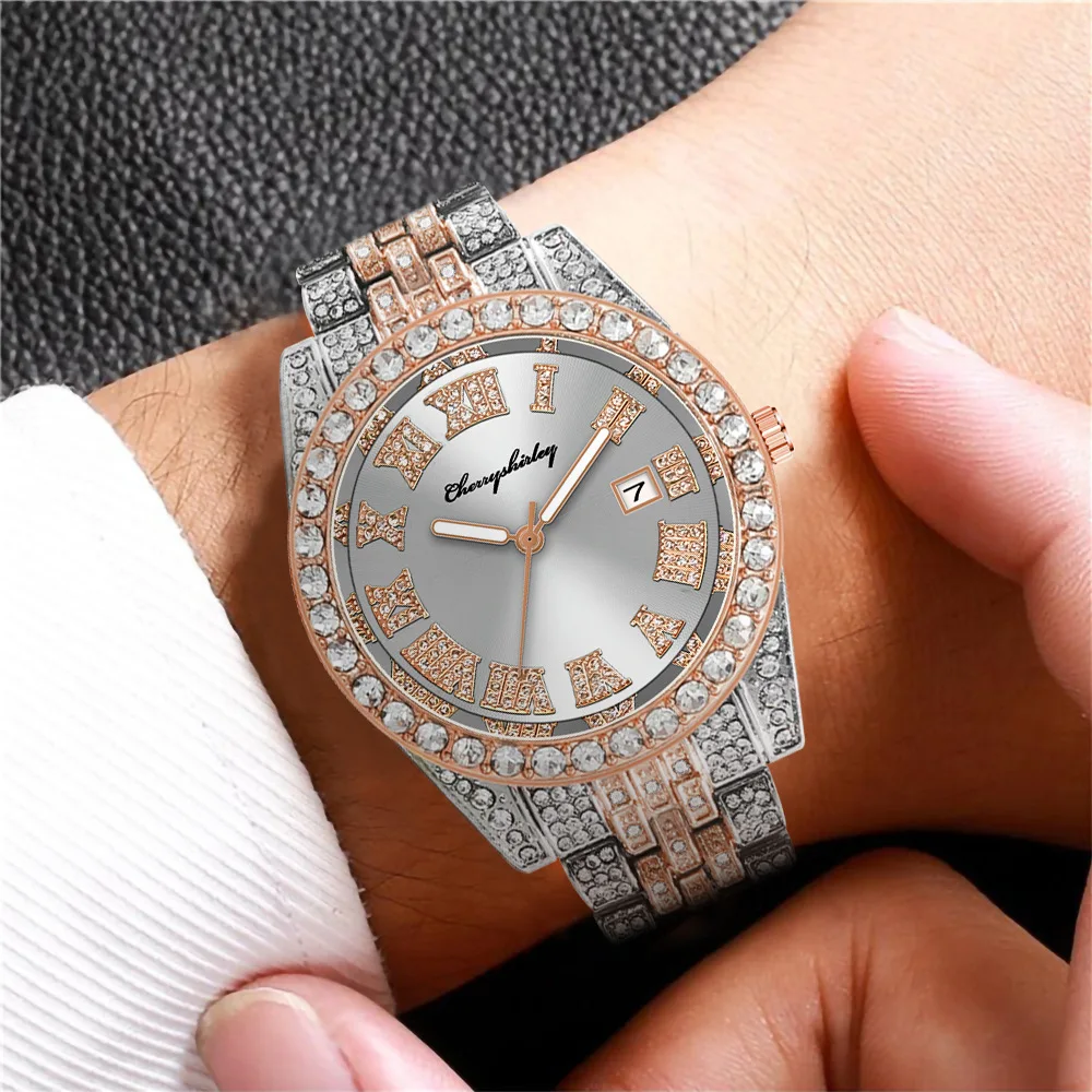 Full Iced Out Luxury Watch for Man Brand Diamond Womens Mens Watches Quartz Men's Watch Calendar Hip Hop Male Clock Gift for Men