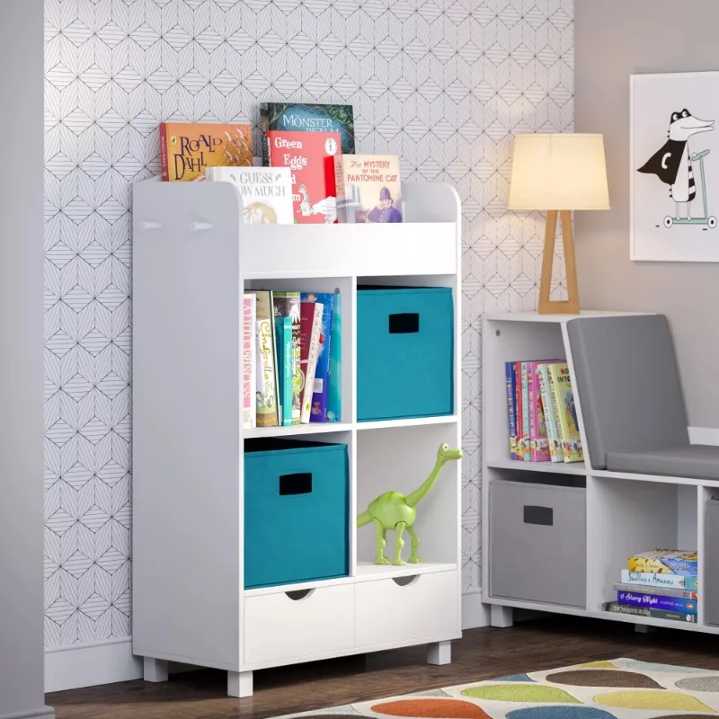 

Book Nook Kids 1-Shelf 4-Cubby 2-Drawer Storage Cabinet with Bookrack -2pc Turquoise Bin Set