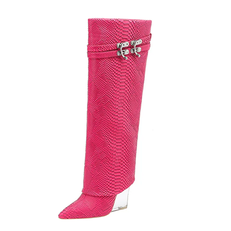 

Winter Foreign Trade New Pointed High Heel Crystal Wedge Heel Large Double Breasted Knee Long Boots and Trouser Sleeve Boots