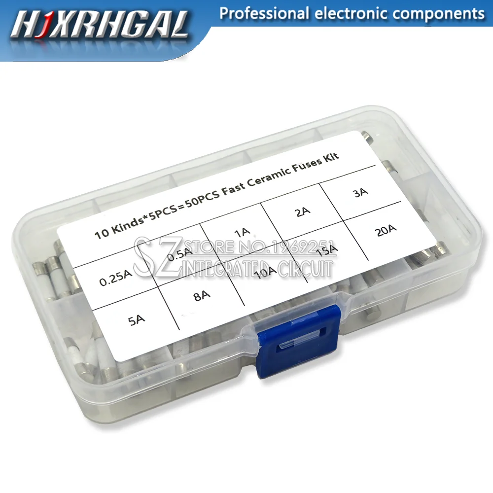 50 Pz/Scatola 10 Tipi Veloce Ceramica Fusibili Kit Di 250V 5Mm X 20 Millimetri 0.25A 0.5A 1A 2A 3A 5A 8A 10A 15A 20 Amp Tubo Del Fusibile Assortimento