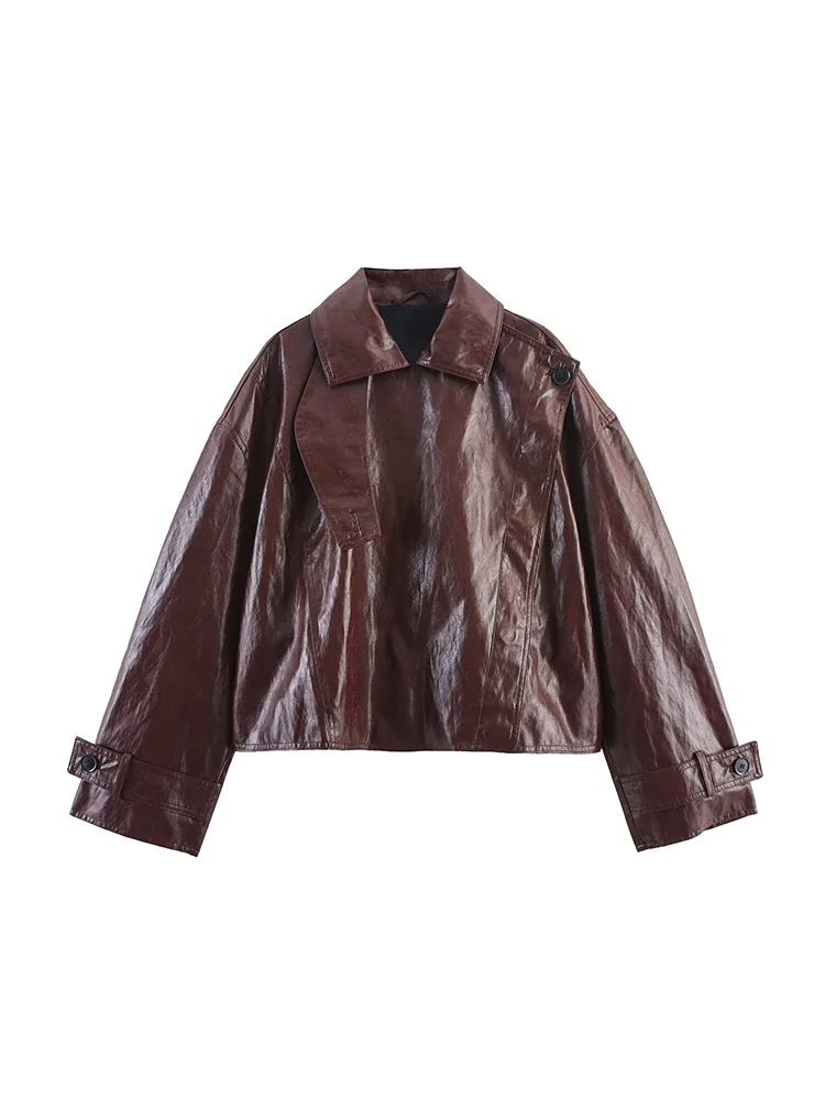 2025 Autumn Women's Leather Jackets Short Coat Fashion PU Solid Color Lapel Outerwear Casual Long Sleeves Loose Lady Tops