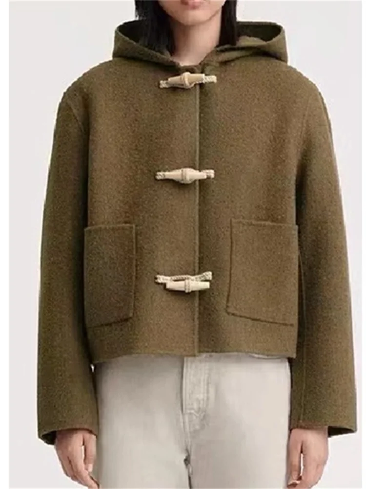 

2023 Winter Women Wool Blend Hooded Jacket Ladies Cowhorn Buttons Woolen Short Coat with Pockets Female Warm Outwear Top