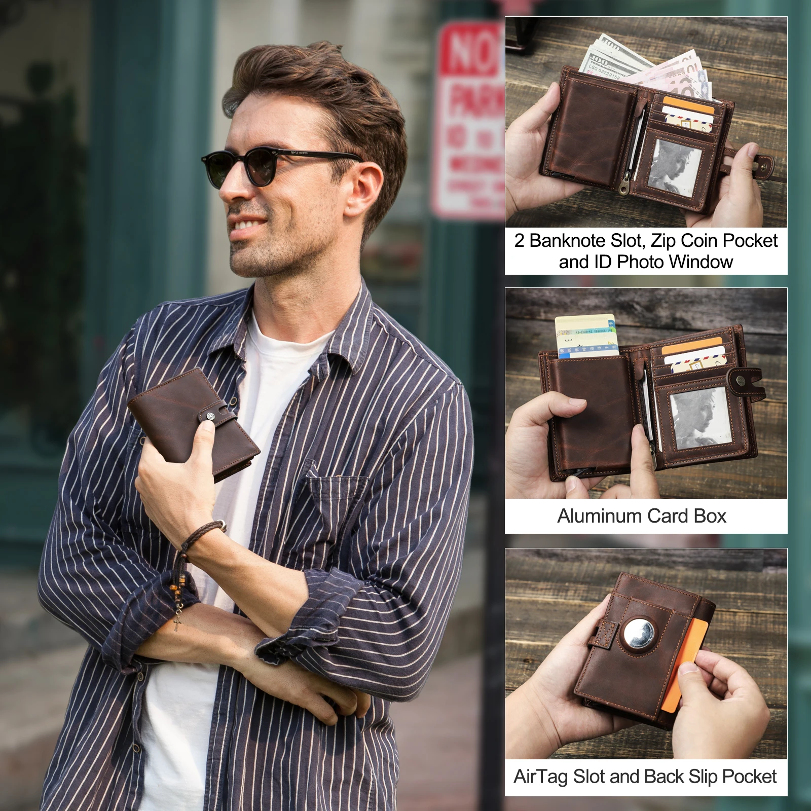 Luxury Brand Airtag Wallet Men Leather RFID Aluminum Card Holder Zipper Slim Purses Anti-lost ID Credit Card Folding wallets 6