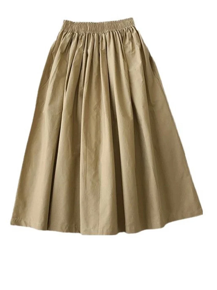 2025 New Casual Elegant High Waist A Line Skirts Women Solid Color Long Skirt Fashion Pockets Pleated Knee Length Skirts Autumn 6