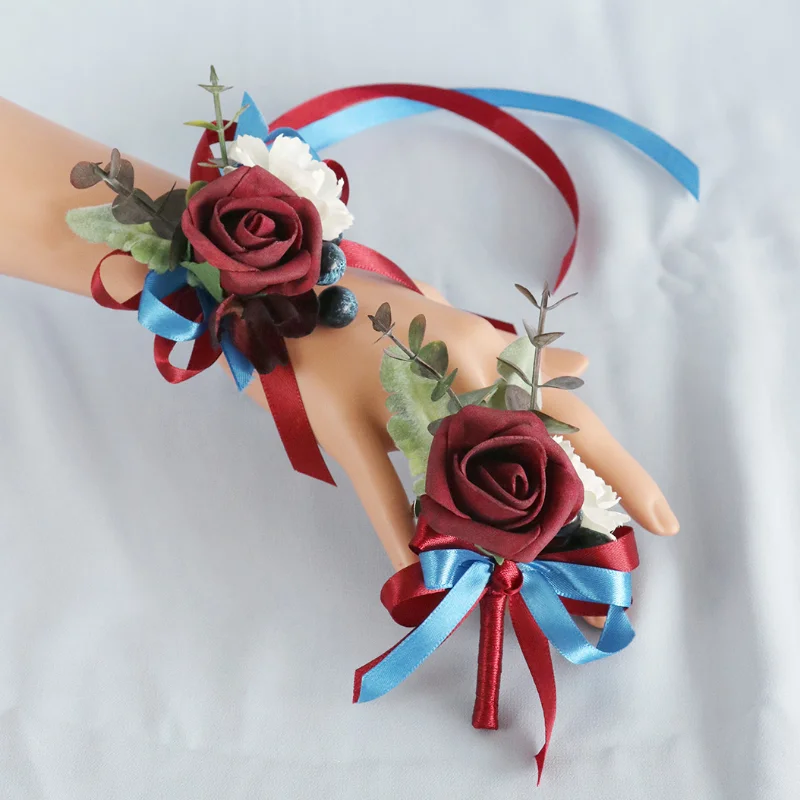 

BAIFUMINGYI Burgundy Rose Flowers Artifical Bridesmaid Wrist Corsage Groomsmen Boutonnieres Wedding Party Accessories