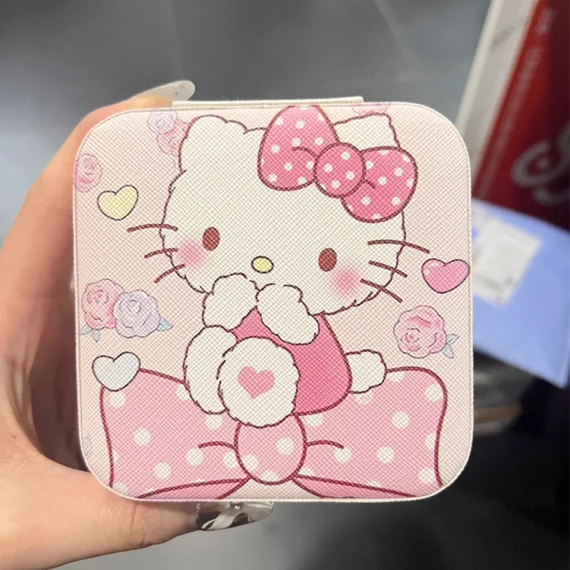 

Kawaii Sanrio, Hello Kitty мультяшный ящик для хранения Kuromi серьги-кольца с маленькой тонкой сеткой с рисунком в виде ладони на молнии большой кожаный клапан