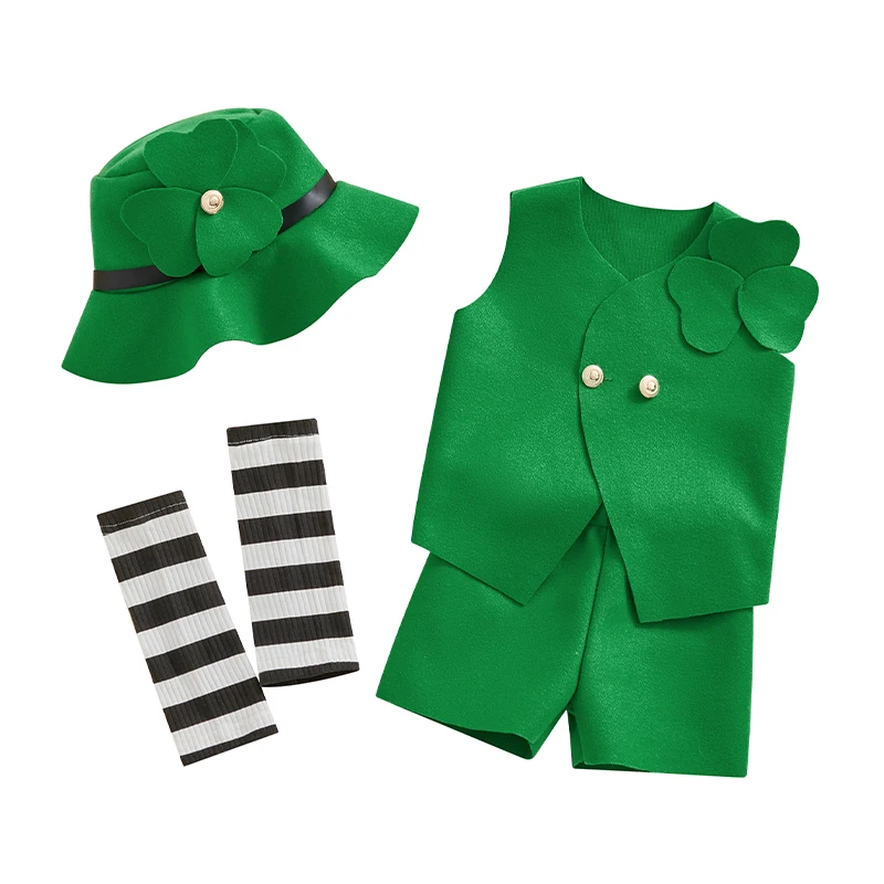 Saint Patricks Day Newborn Outfit Baby Patrick Costume Girl Boy Green Leprechaun Pant Set 4Pcs Clothes With Hat
