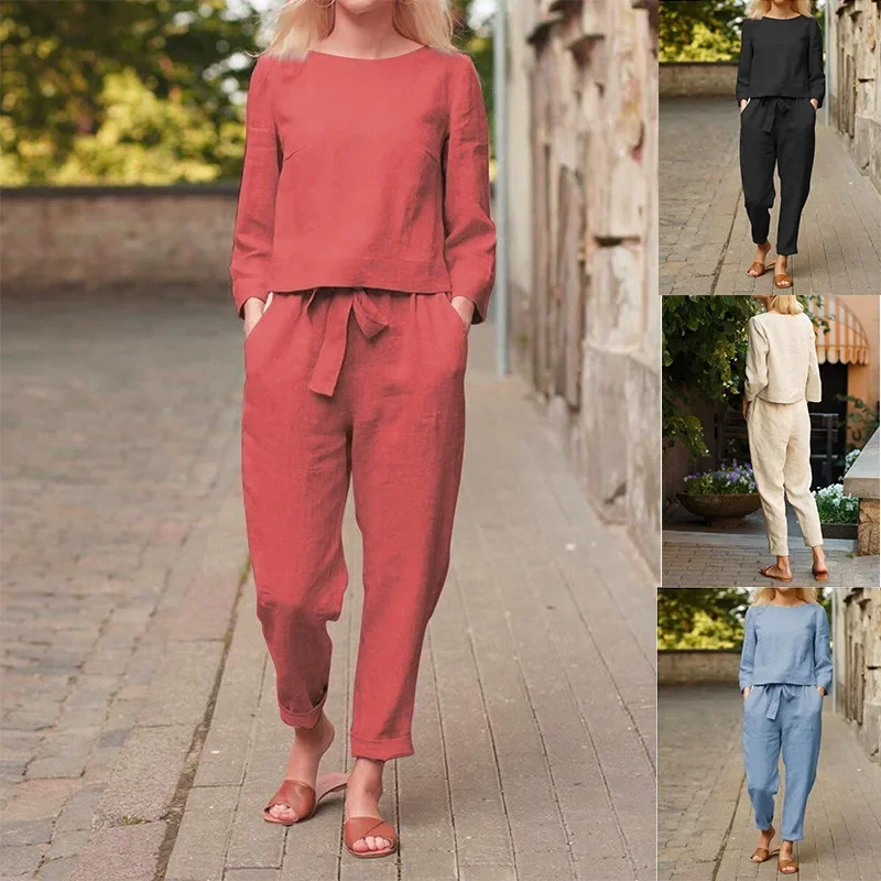 

Осенний женский костюм из двух предметов, однотонный топ с круглым вырезом и длинным рукавом, прямые брюки, подходящие комплекты, женский спортивный костюм