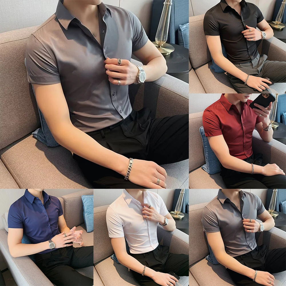 Description Picture 2 of itemComfy Fashion Shirt Men Dress Shirts Formal Polyester Regular Shirt Short Sleeve Solid Color 1 Pc Blouse Business