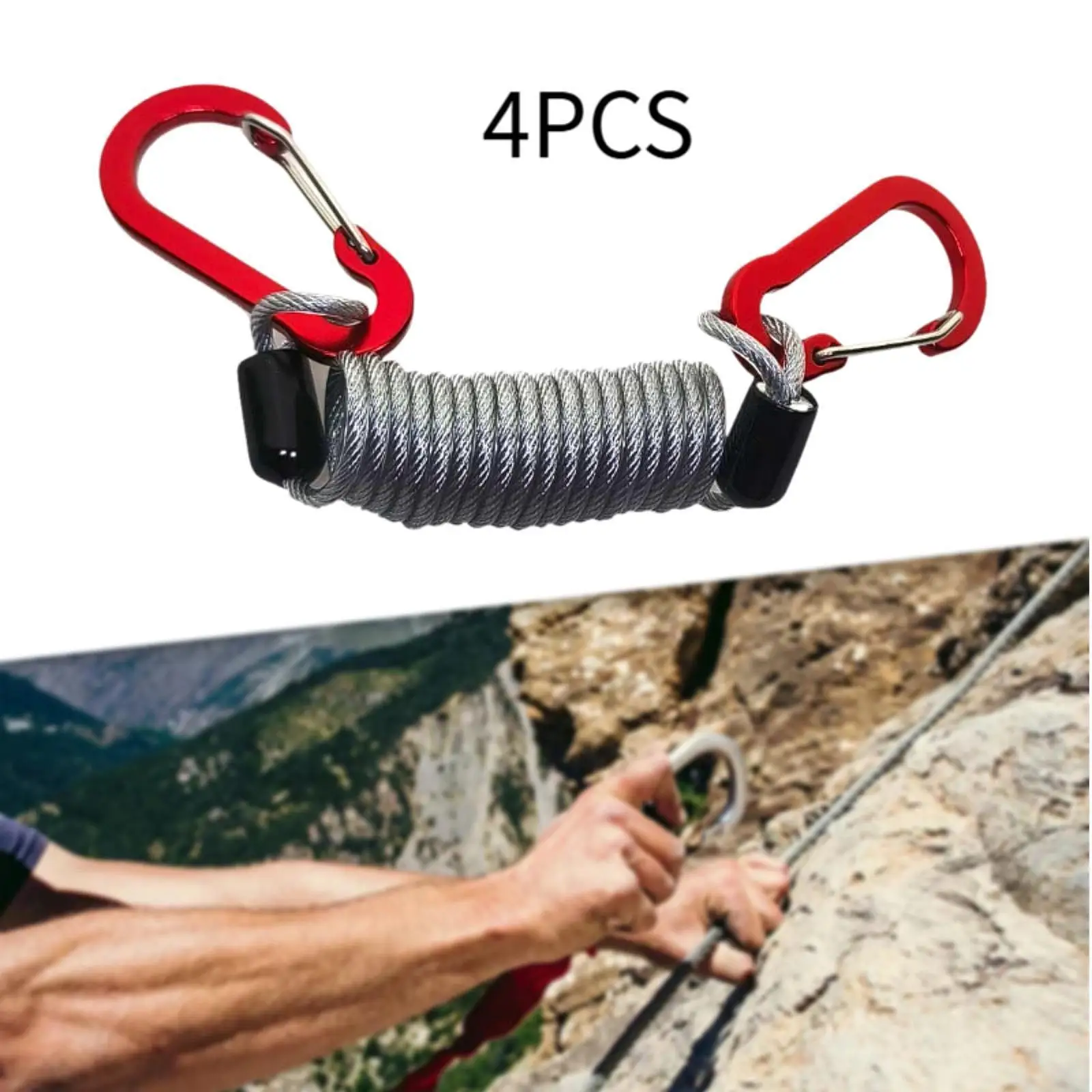 4x Fishing Lanyards with Carabiners Steel Wire Leash Fishing Tackle Boxes Tool Accessories Security Leash Fishing Rod Holder