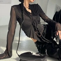 Long Flare Sleeve Blouses for Women Lace-up Mesh Sexy Sweet Hot Girls Korean Fashion Style All-match Solid Design Elegant Casual - Image 5