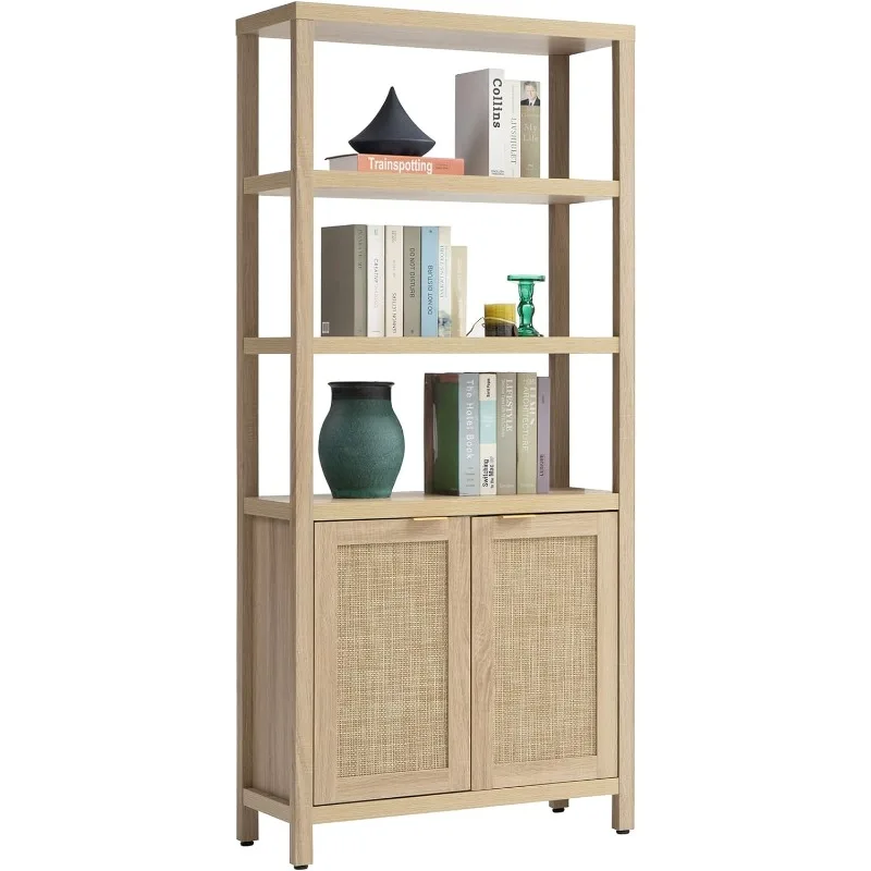 

Bookshelf 5 Tier Book Shelf Rattan Tall Bookcase with Doors Storage Wood Shelves Large Bookshelves Farmhouse Bookcases Book Case