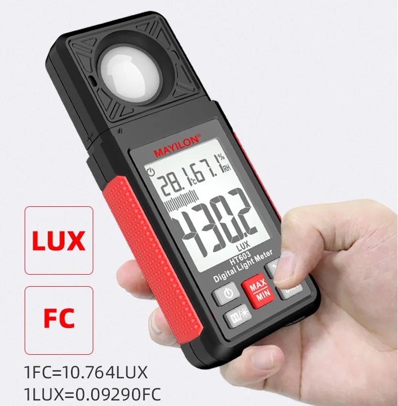 

HT603 Digital Light Detector 200,000 Lux Illuminance Ambient Humidity Temperature Tester Backlight Data Hold Illuminometer