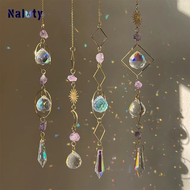Hanging Crystal Pendant Garden Suncatcher Wind Chimes Rainbow Prism Crystal Chain for Window Drop Bell Christmas Tree Home Decor