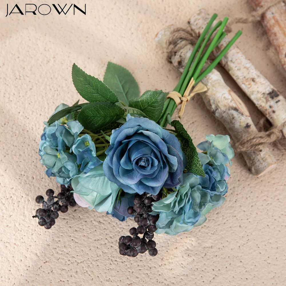 Blue Series Rose ortensia bacche Bouquet floreale di seta artificiale per damigella d'onore da sposa che tiene accessori da sposa fiore