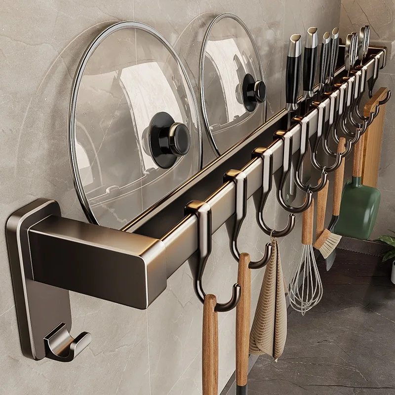 Kitchen Storage Rack Non-perforated shelves Wall Mounted with Movable hook Spoon Holder Organizer Kitchen Utensil Accessories 2