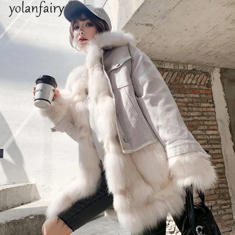 

2024 New Real Fur Parka Winter Jacket Women Natural Fox Liner Long Coat Female Denim Warm Parkas Tops Hiver DM-9015