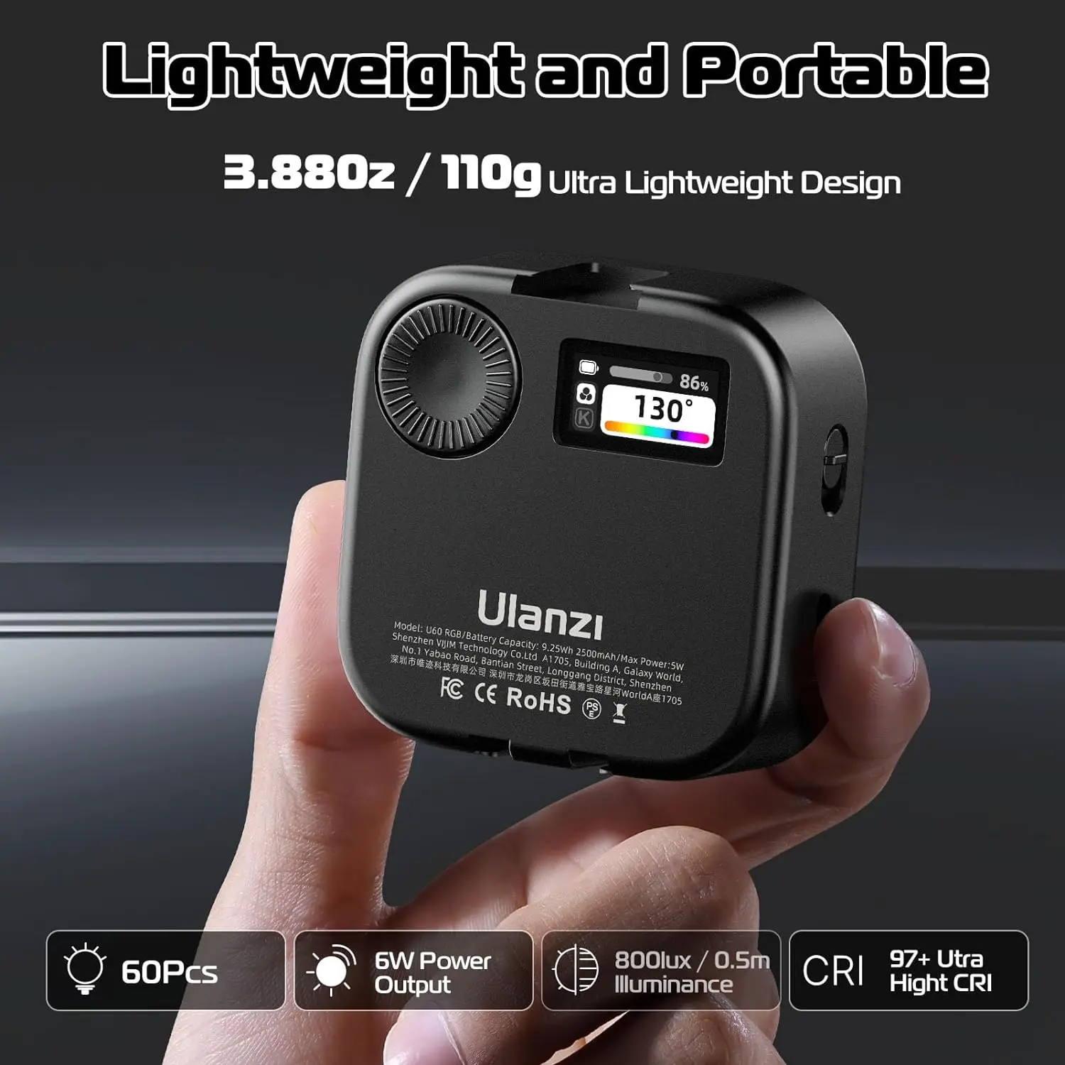 Ulanzi U60 미니 포켓 LED 비디오 램프 스크린 충전식 9000K 콜드 슈 마운트 RGB 패널 사진 조명 PK VL49 RGB