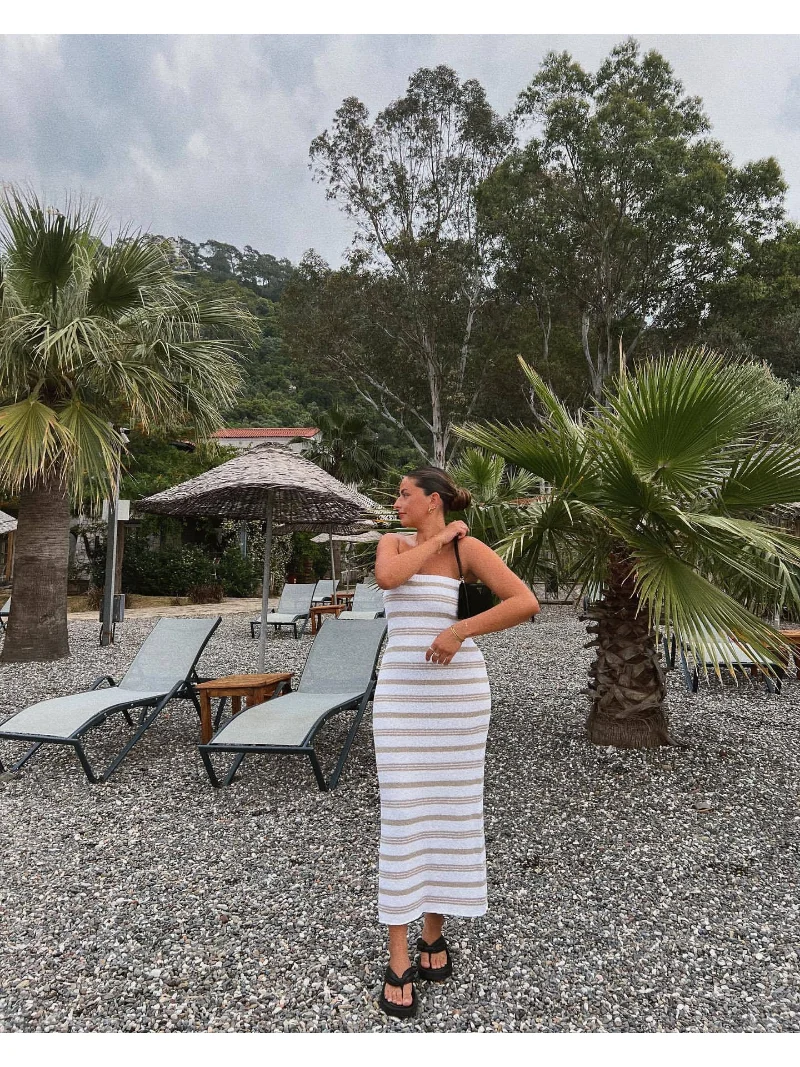 Backless Contrast For Women Dress Slim Holiday Beach Striped High Waist Off-Shoulder Maxi Dress Skinny Casual Long Dress