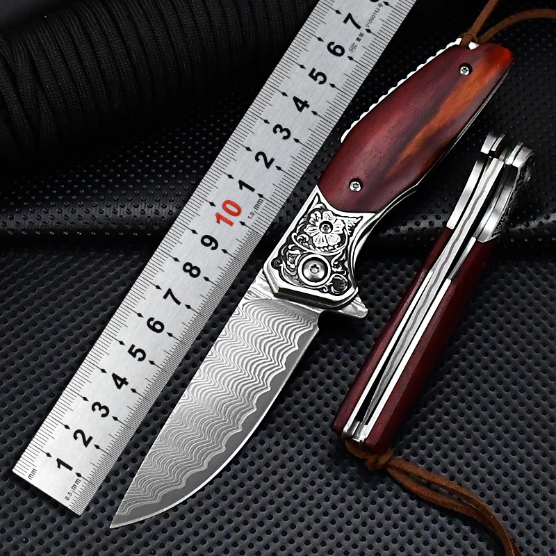 

Damascus Steel Outdoor Folding Knife Defensive Folding Knife Tactical Knife Sharp Knife Pocket Knife Hunting Knife Wooden Handle