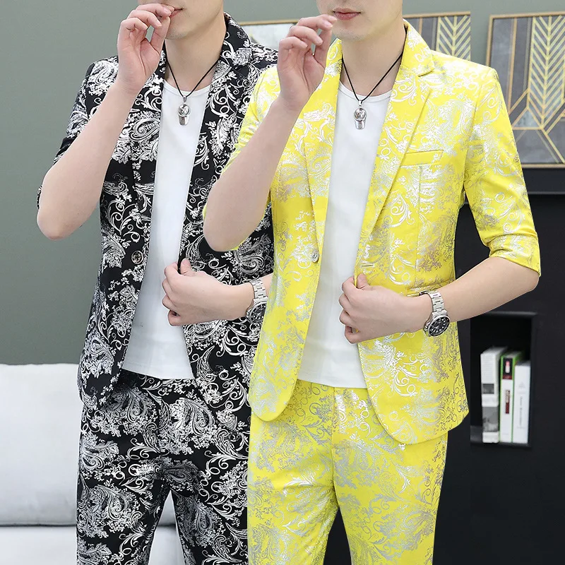 

Мужской костюм из двух предметов, тонкий модный костюм средней длины с цветочным принтом и рукавом 2024, лето 3/4