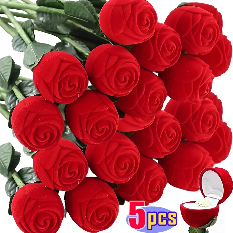 Red Rose Ring Boxes Velvet Flower Jewelry Packaging Display Holder Bridal Wedding Romantic Heart Flocking Useful Storage Case