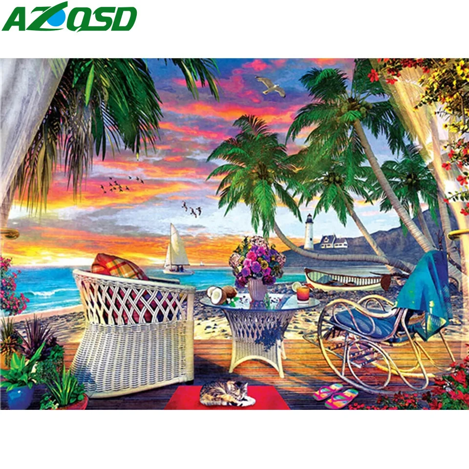 AZQSD Diamond Painting 5d Seaside Landscape Diamond Embroidery Coconut Tree Window Picture Of Rhinestones Home Decor Gift