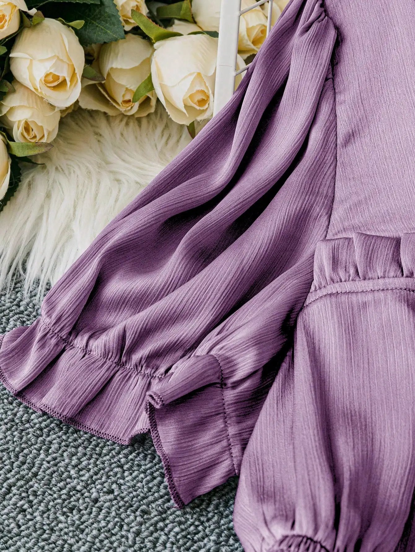 Chic Purple Pleated A-Line Top with Flared Sleeves for a Slimming Silhouette