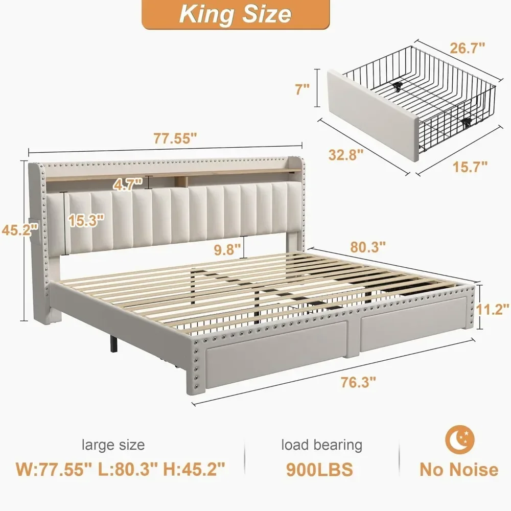 Bed Frame with Storage and Headboard, Upholstered King Bed Frame with Storage and 2 Drawers Bed,Frame with Storage 3