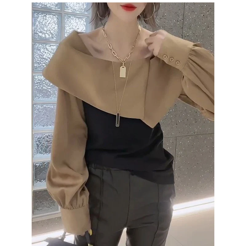 Fashion O-Neck Spliced Asymmetrical Blouses Women's Clothing 2023 Autumn Winter Loose Casual Pullovers Lantern Sleeve Shirts