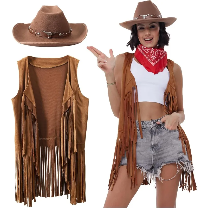 3 Pcs Women Cowboy Cowgirl Costume Faux Suede Tassel Vest Waistcoat — free download