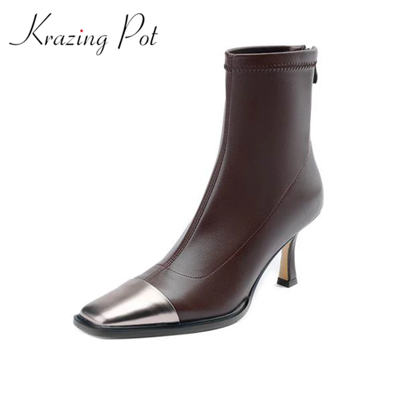 

Krazing Pot Cow Leather Stiletto Thin High Heels Square Toe Winter Warm Stretch Boots Metal Fasteners Concise Zipper Ankle Boots
