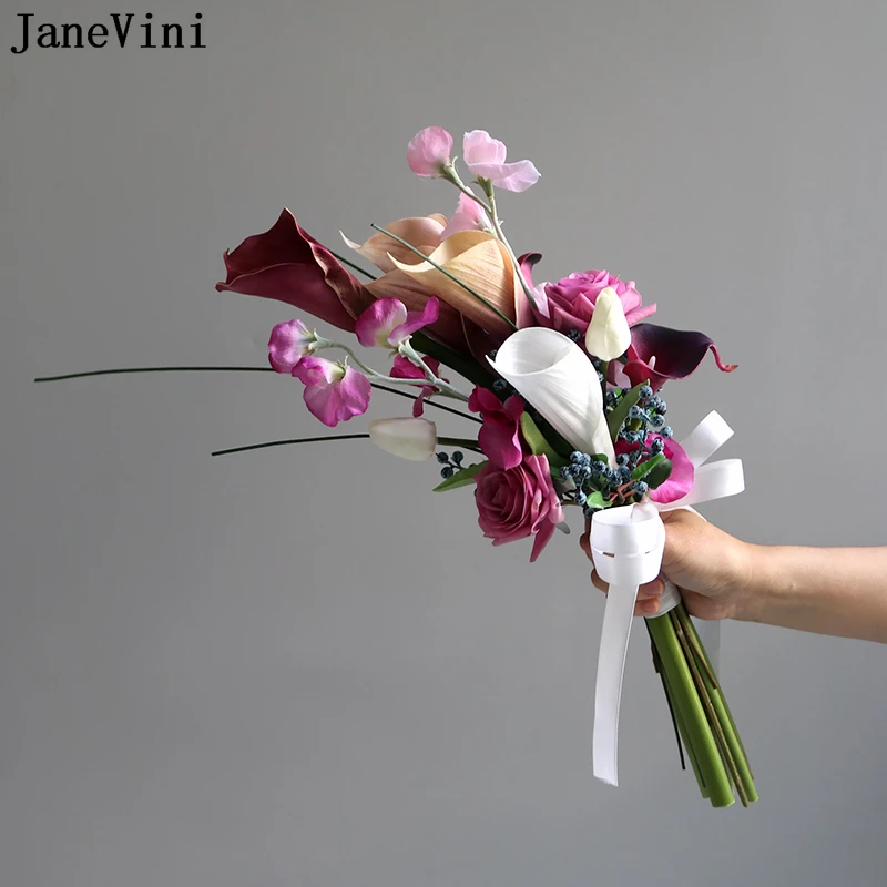 JaneVini White Calla Lily Bridal Flowers Bouquets Wedding Accessories Handmade Silk Bride Flower Bouquet