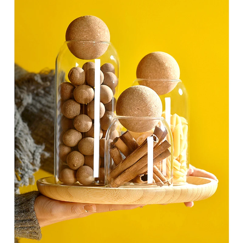 Cork Stopper Glass Storage Jar Clear Glass Canisters with Cork Ball Round Bottles Candy Coffee Beans Spices Storage Tank