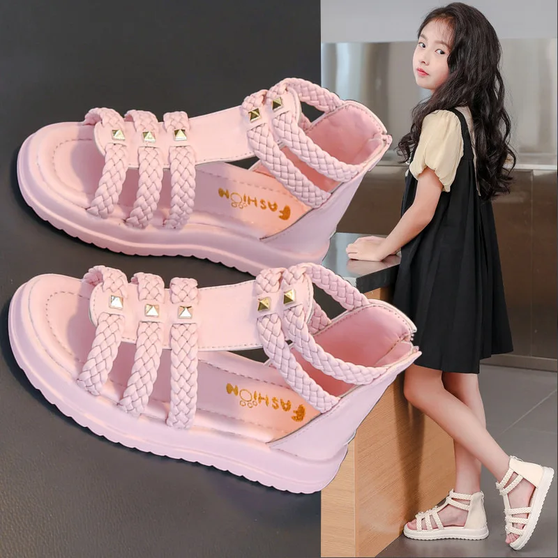 Girls Sandals Kids Summer Roman Shoes Elegant Party Princess Open Toe Shoes Flats Non-slip Casual Girl Soft Sole Beach Sandal