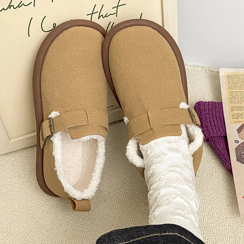 Women Shoes Thick Soled Cotton Board Shoes Autumn/Winter Plush Casual Sports Buckle Strap Round Toe Warm Women Shoes 24-118