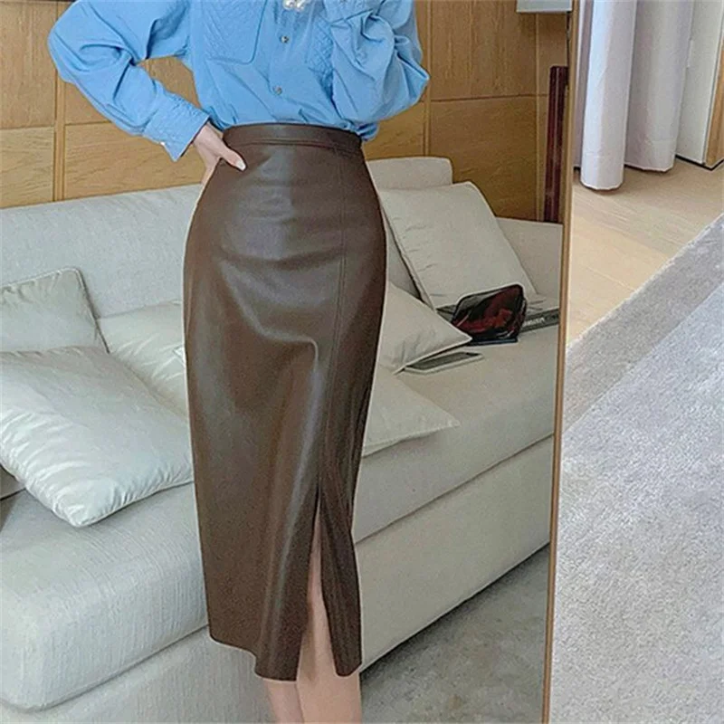 

Faux Leather Skirts for Women High Wasit Black Coffee Luxury Elegant Office Midi Skirt with Slit Side Hip Sexy Chic Streetwear