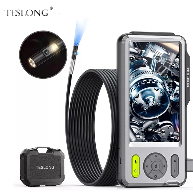 Dual Lens Endoscope with 360 Degree Rotation Probe, Teslong NTS500 5-inch  Borescope Inspection Camera with High Brightness LED Light, Flexible