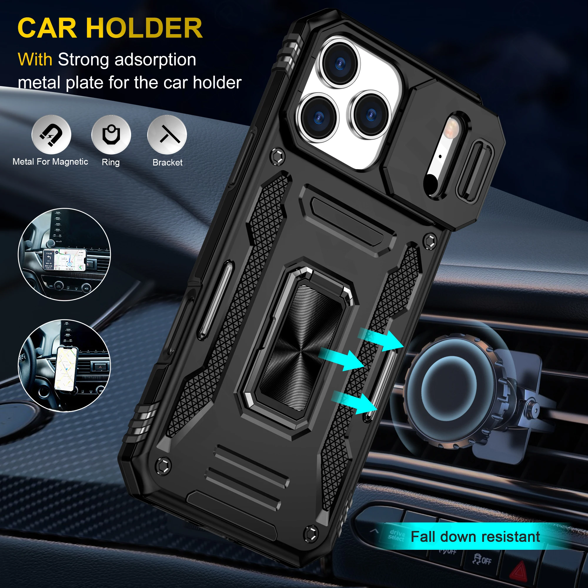 Enhanced Armor Ring Stand Kickstand Case with Slide Camera Cover and Anti-Fall Protection