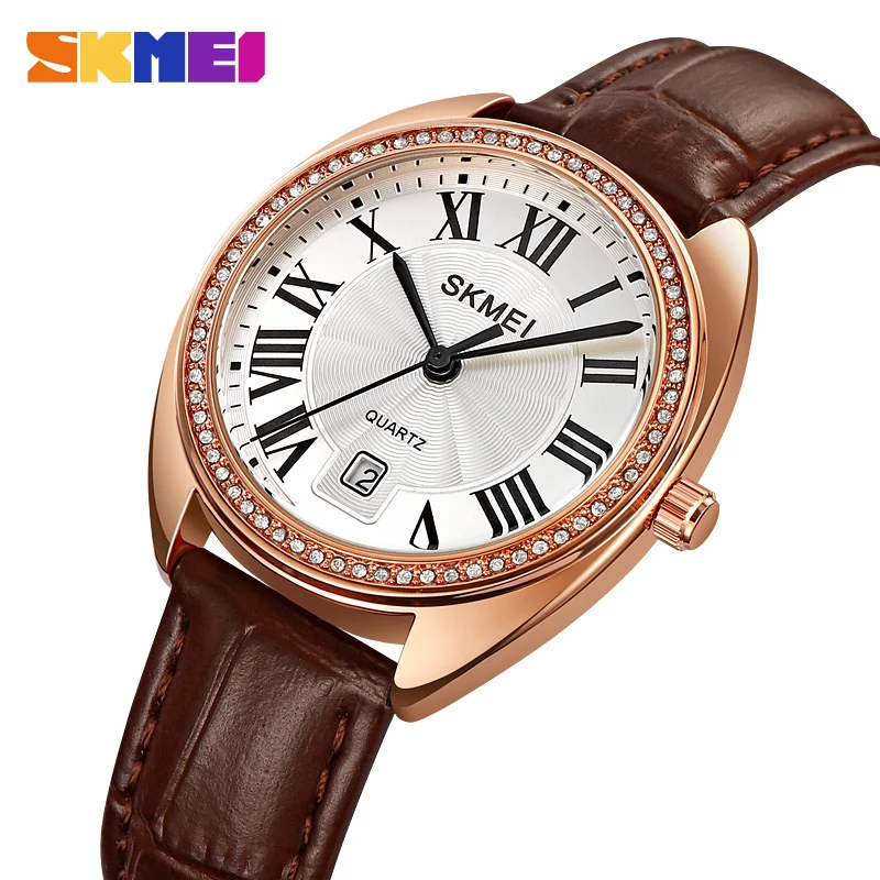 

SKEMI Quartz Women's Watch Genuine Large Pointer Roman Digital Genuine Leather Strap Red Brown White Waterproof Large Dial 2183