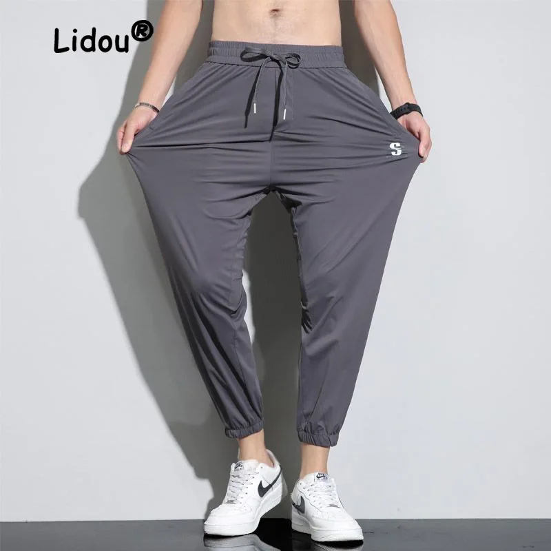 Men's Ultra-thin Ice Silk Pants Trendy Brand Loose Trousers Sports Quick Drying 2023 Summer Thin Elastic Cropped Casual Pants