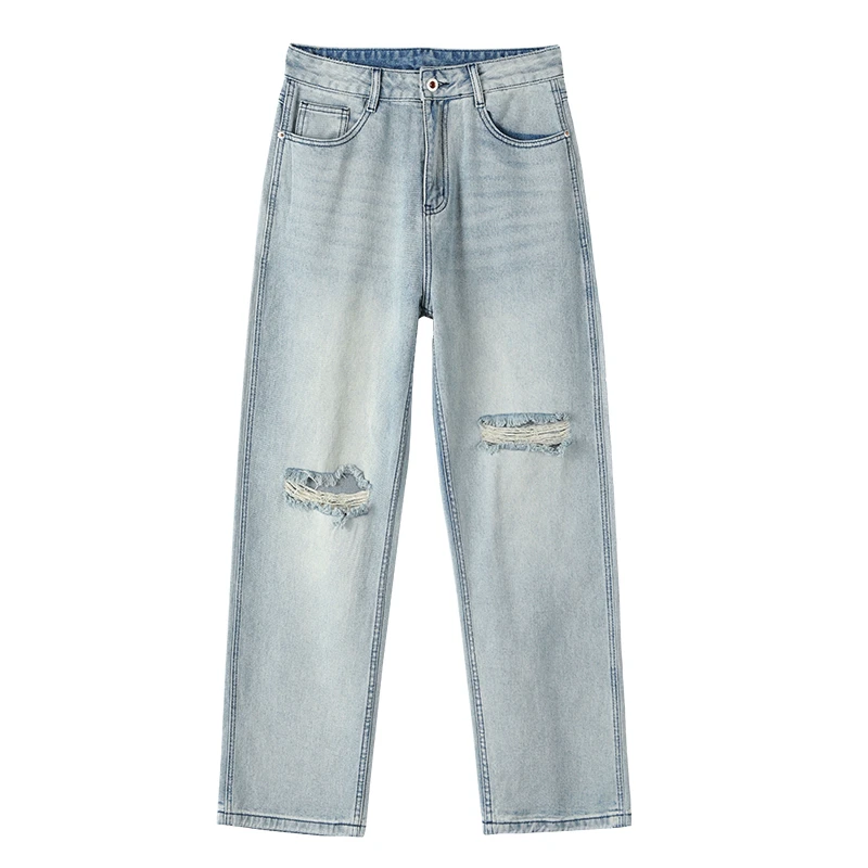 CUMUKKIYP Ripped Baggy Jeans For Men Summer Y2K Streetwear Casual  Solid Youth Hole Denim Straight Trousers