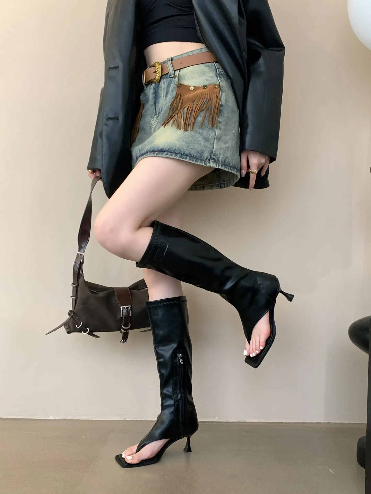 Aneikeh 2025 Sexy PU Square Head Clip Toe Sandals Boots Women's Thin Heel Side Zipper Sewing Chelsea Knee High Boots Party Ball