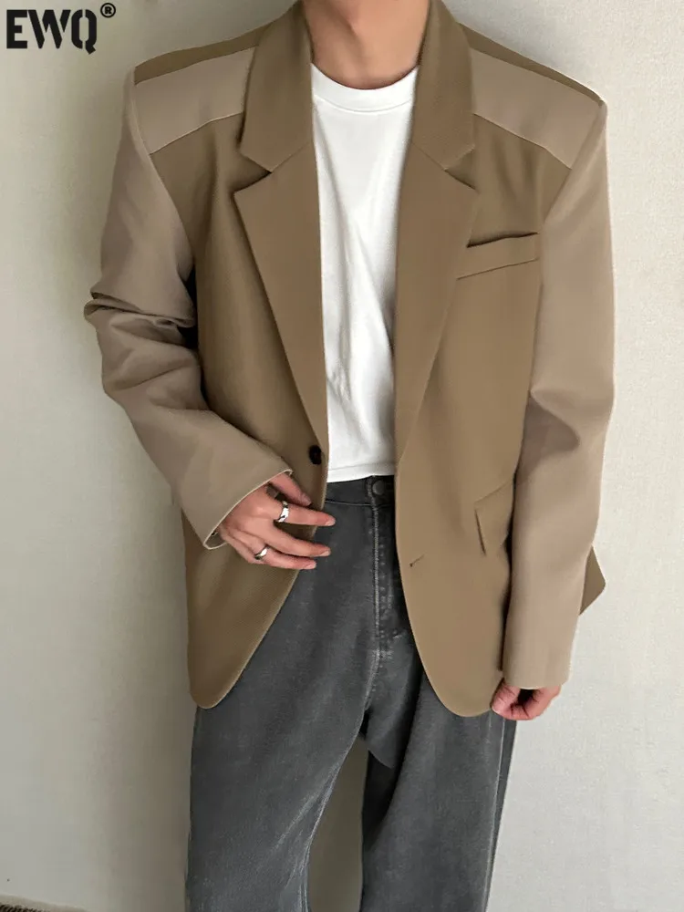 

[EWQ] Patchwork Contrast Color Blazer Coat Long Sleeve Two-button Loose Fashion Suit Jacket 2023 Autumn New Tide Female Blazers