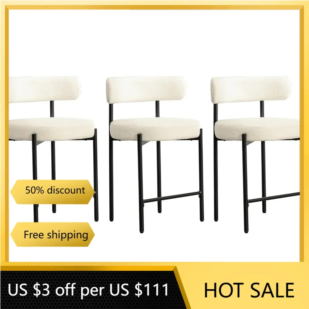 Set of 3, White Bar Stools with Backs, Counter Height Bar Stools for Kitchen Island/Kitchen Counter, Upholstered Counter Chairs
