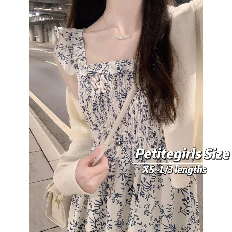 

French Floral Square Neck Strap Dress Women Summer 150cm Petite girls Advanced sense Waist retraction A-line Mid length skirt