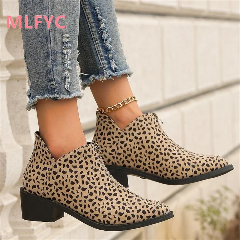 Autumn/Winter New Foreign Trade Women's Single Boot Large Leopard Print Front Zipper Square Heel Short Boots for Women