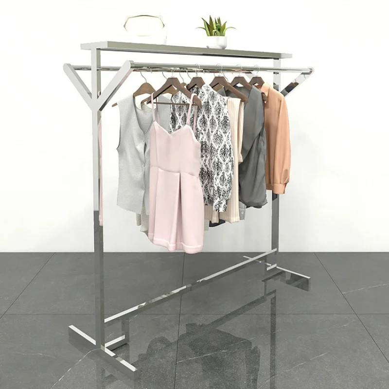 Custom, hanging rail display rack furniture for boutique double side Metal retail shop furniture garment display shelf silver co